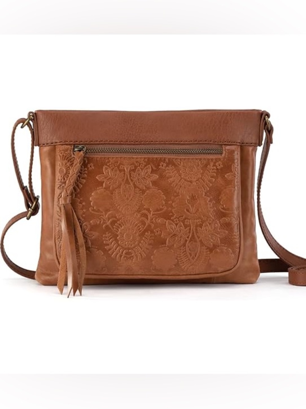 The Sak Tan Leather Crossbody Bag with Embossed Floral Panel